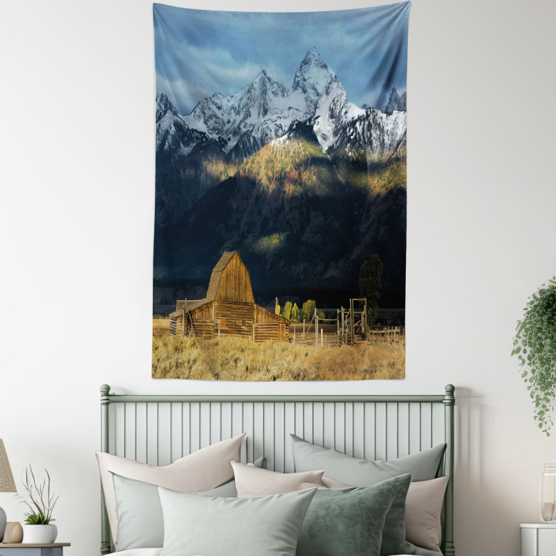 Rustic Wooden Hut Mountains Tapestry