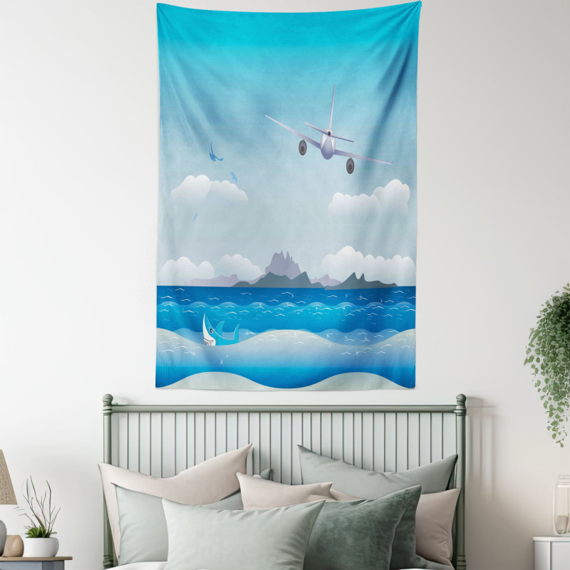 Plane Fly on Sea and Shark Tapestry