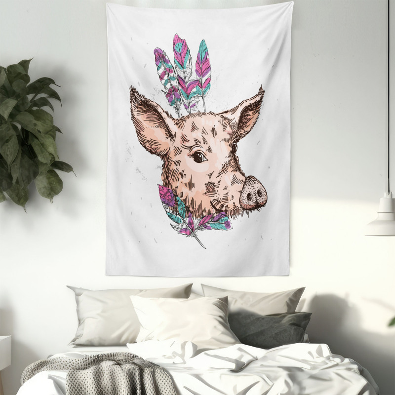 Pig Portrait Feathers Tapestry