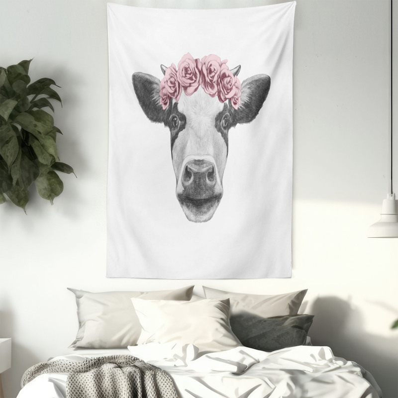 Cow with Roses Wreath Tapestry