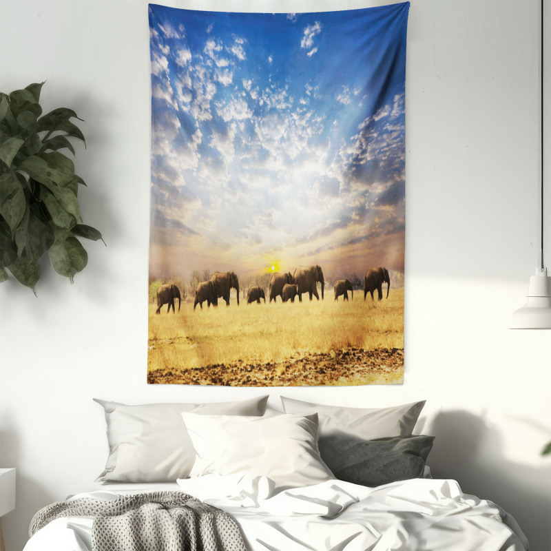 Wild Elephants Herd Tapestry