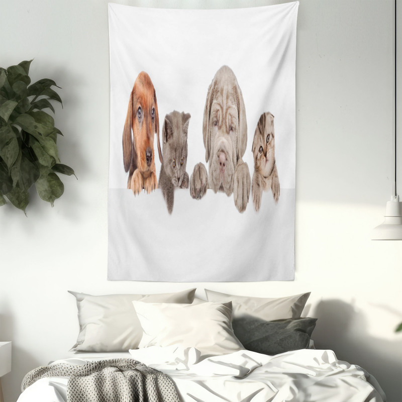 Pets Peeking over Wall Tapestry