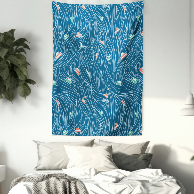 Waves and Ships Cartoon Tapestry