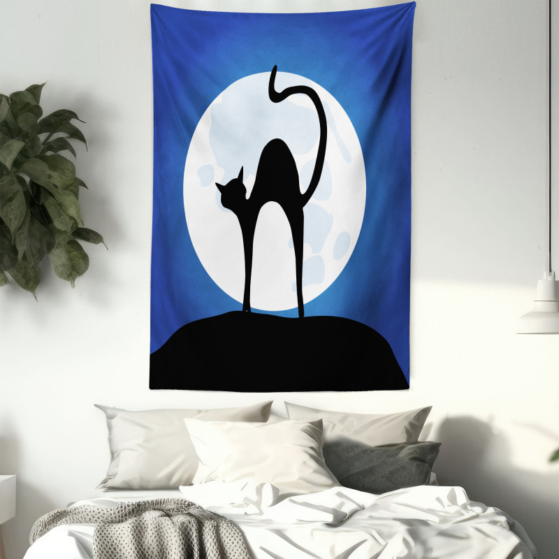 Black Cat Full Moon Sky Tapestry