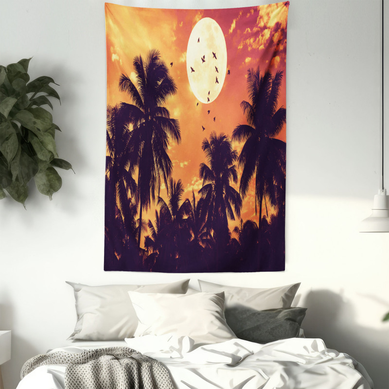 Palms Full Moon Birds Tapestry