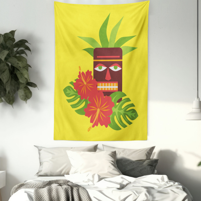 Tiki Mask and Exotic Hibiscus Tapestry