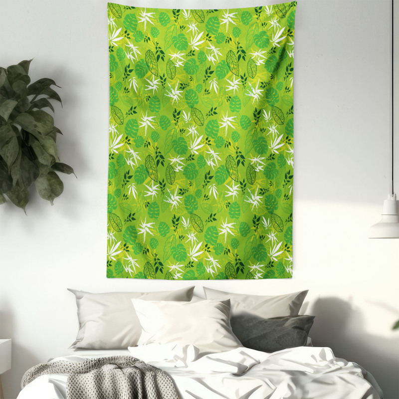 Jungle Scene Monstera Leaves Tapestry