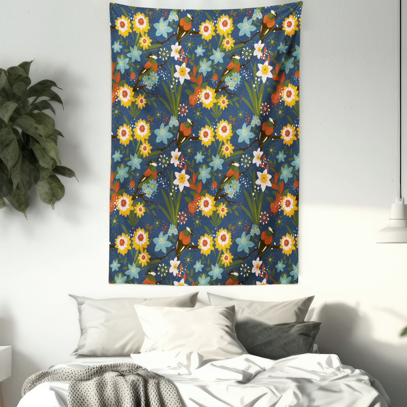 Vintage Birds Blossoms Art Tapestry