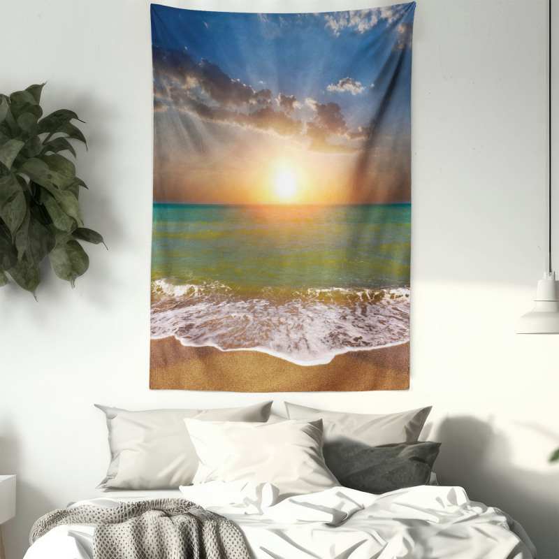 Sandy Beach Waves Sunset Tapestry