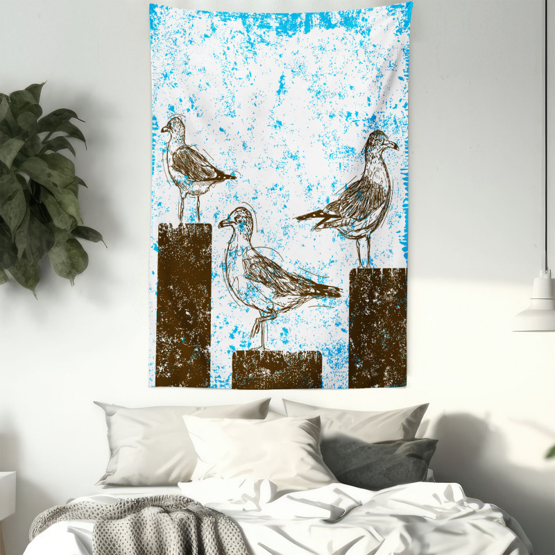 Grungy Sketch Seagulls Tapestry