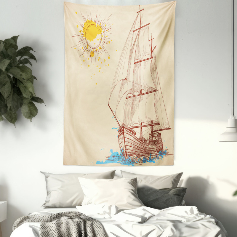 Boat in Windy Sea Sun Tapestry