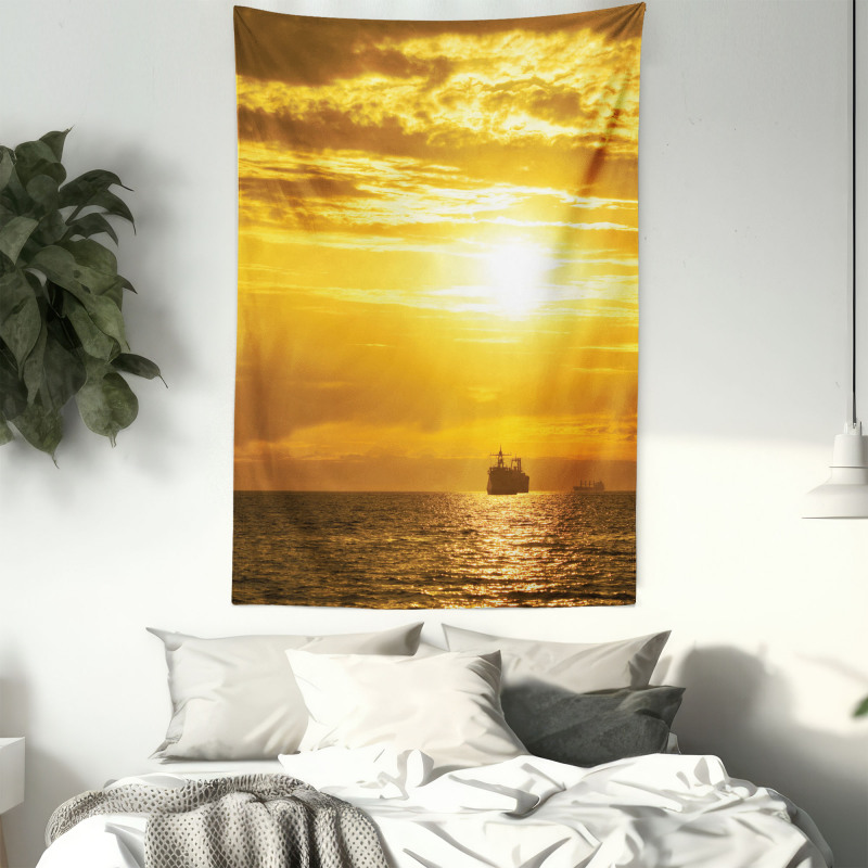 Ship on Ocean Sunrise Tapestry