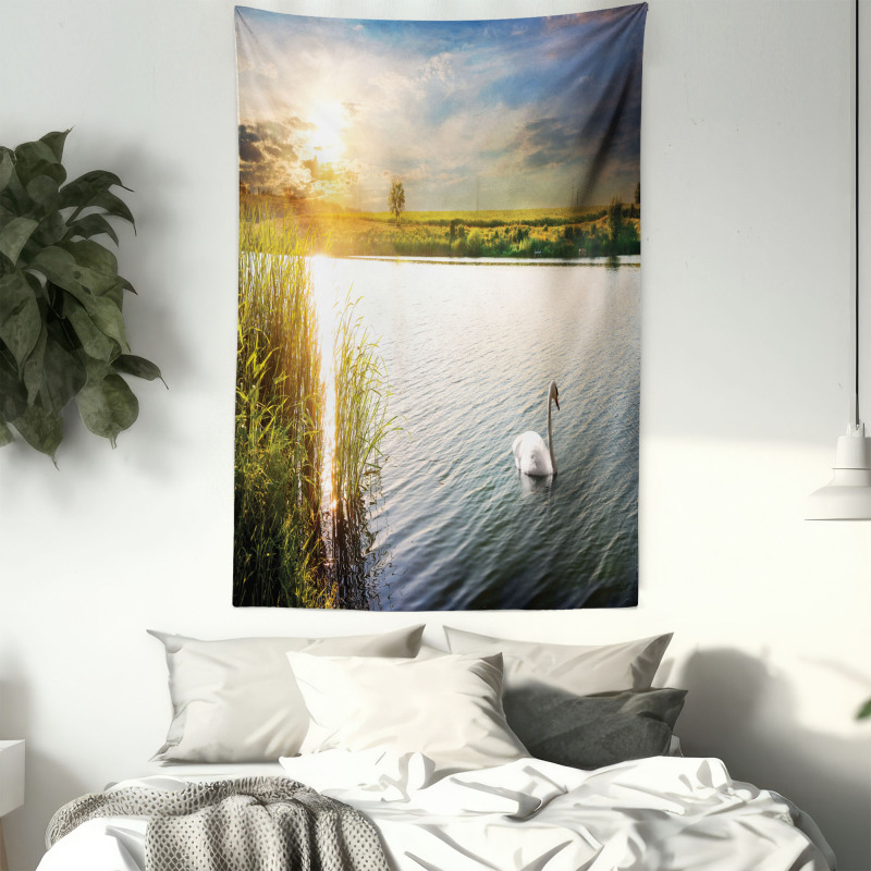 Swan in River at Dawn Photo Tapestry