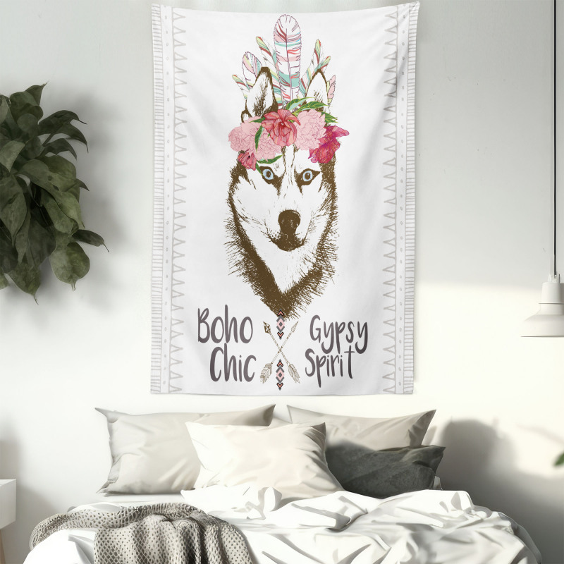 Flowers Feathers Husky Tapestry