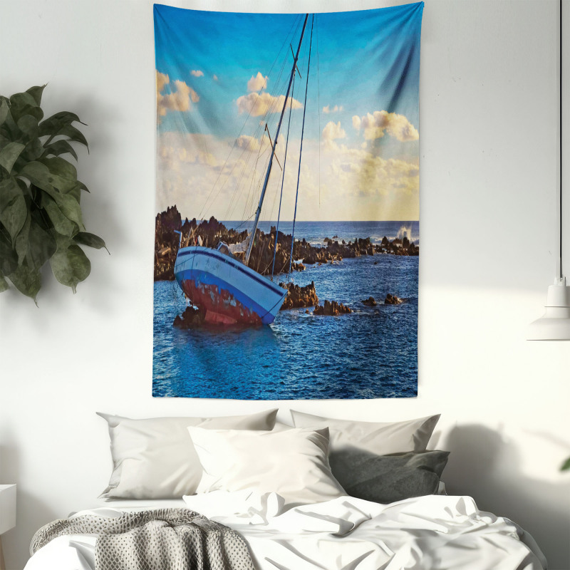 Yacht on Rocks Harbor Tapestry