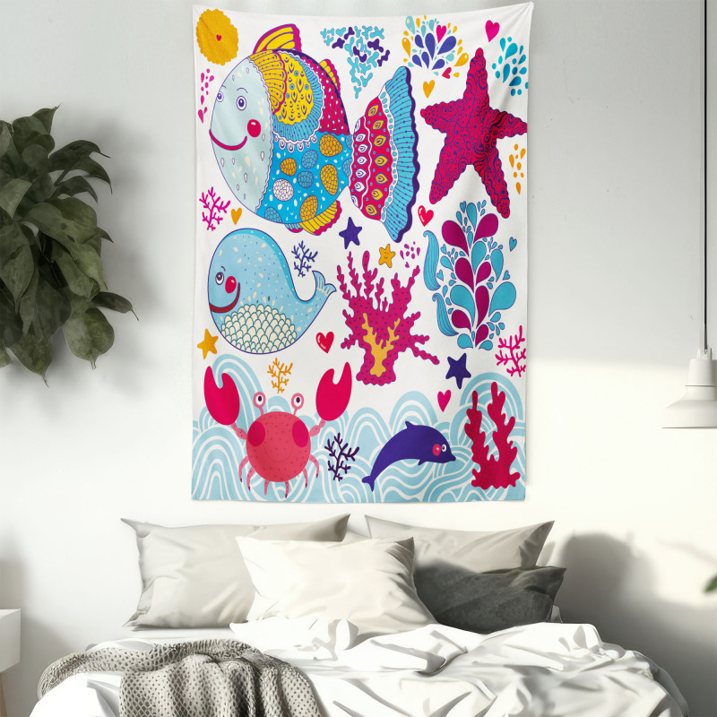 Cartoon Marine Ocean Life Tapestry