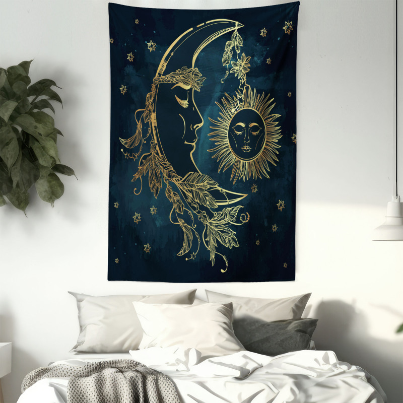 Moon with Boho Feathers Tapestry