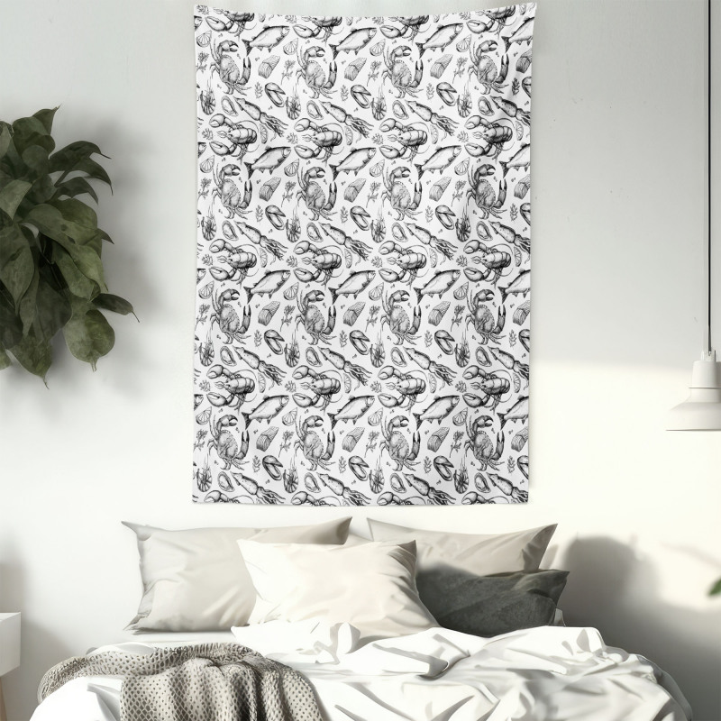 Sketchy Seafood Pattern Tapestry