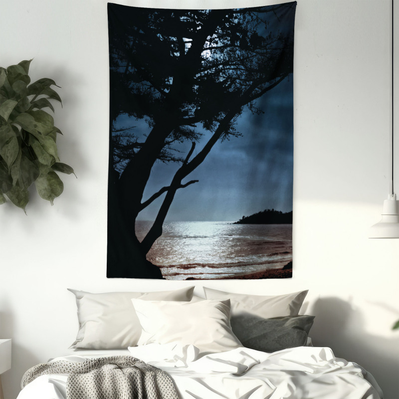 Night Tree Silhouette Sea Tapestry