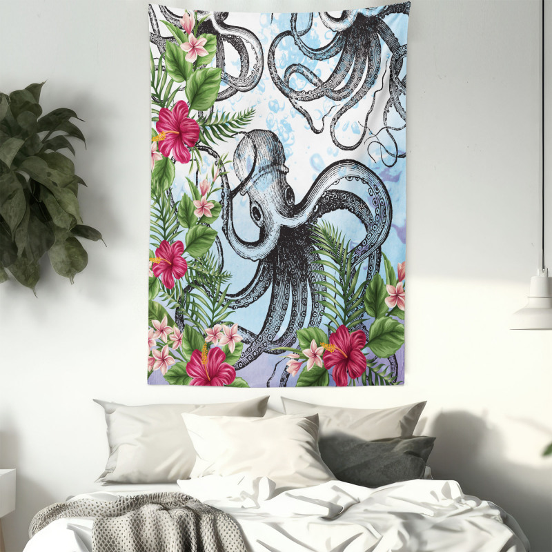 Tropic Hibiscus and Octopus Tapestry