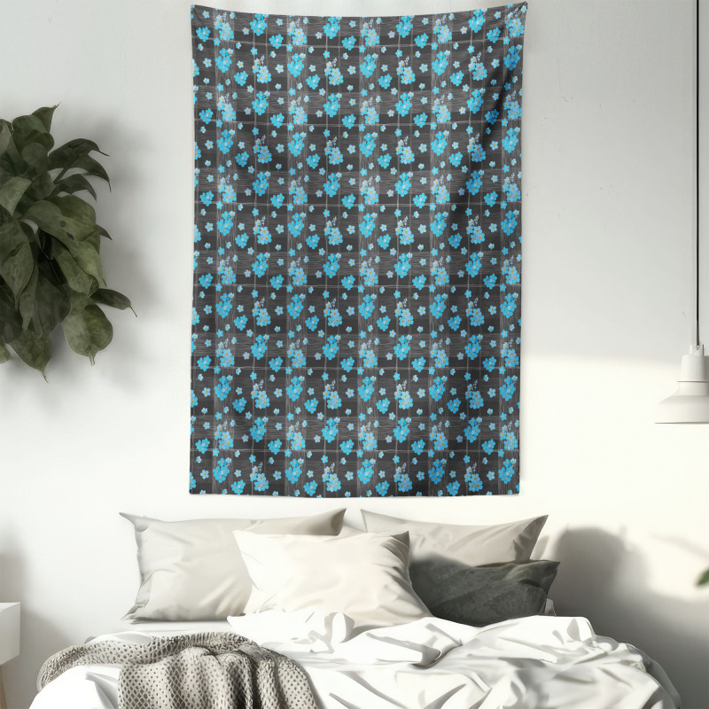 Blue Blossoms on Grid Tapestry