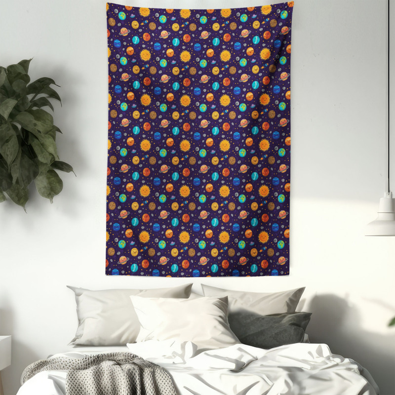 Cheerful Planets and Rockets Tapestry