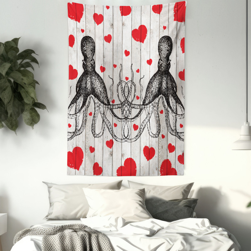 Octopus Sketch and Hearts Tapestry