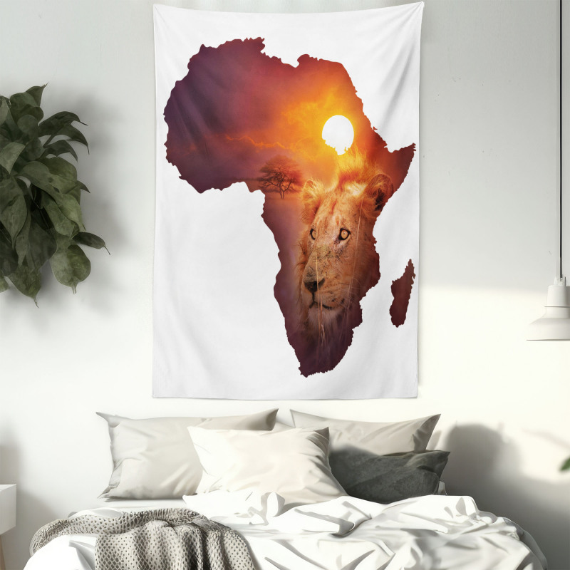 Lion and African Map Sunset Tapestry