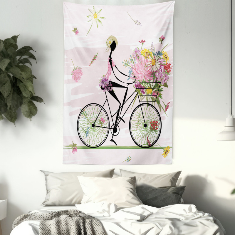 Girl Riding Bike Flowers Tapestry