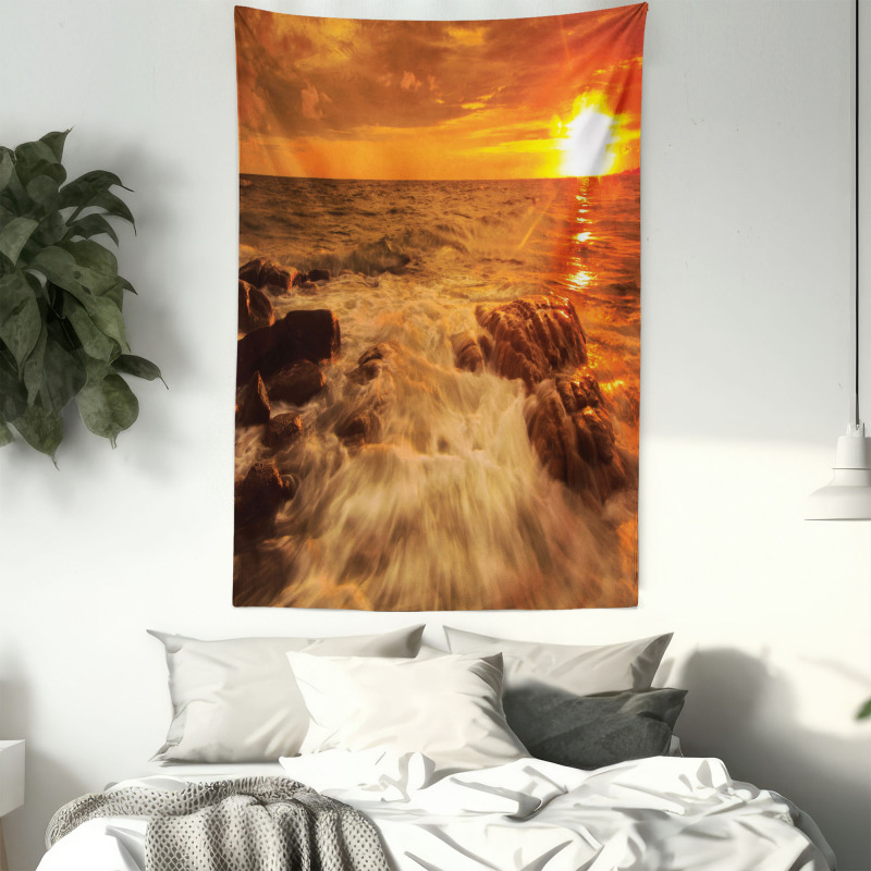 Ocean with Rocks at Sunset Tapestry