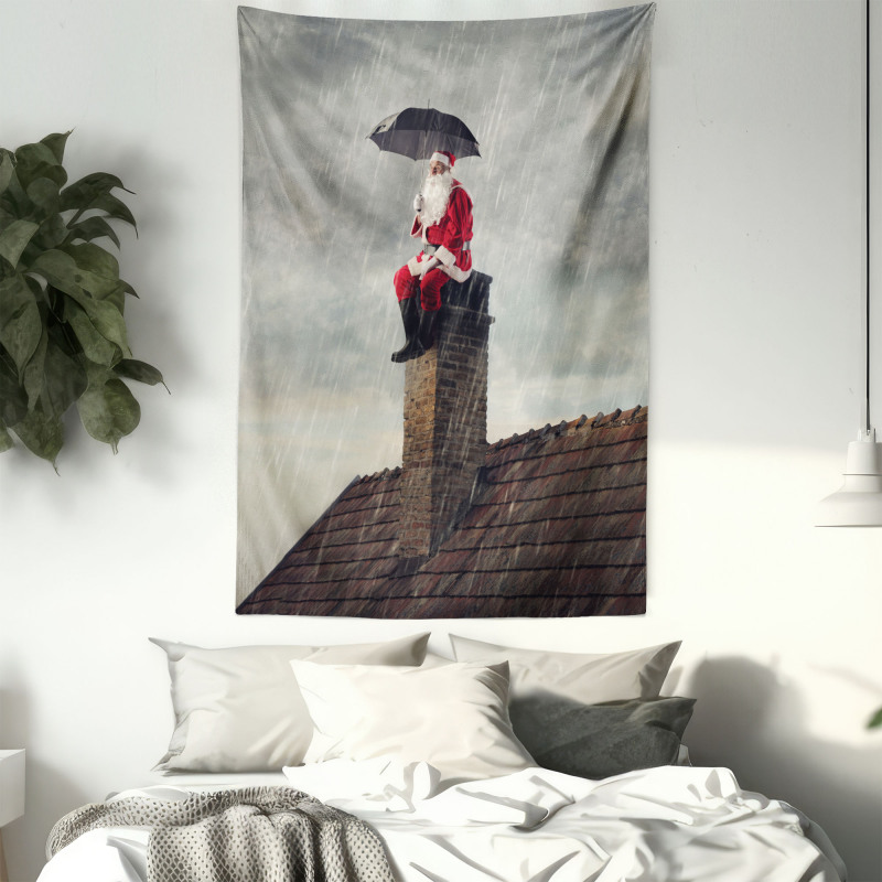 Santa on Chimney in Rain Tapestry