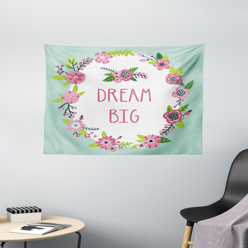 Dream Big in Floral Wreath Wide Tapestry