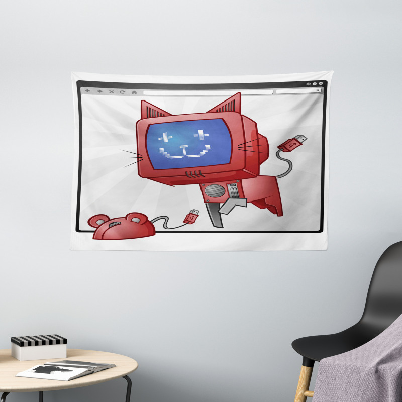 Funny Computer Cat Mouse Wide Tapestry