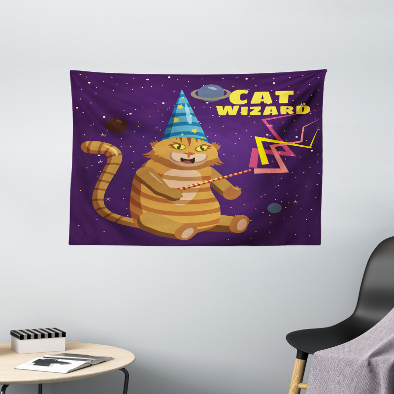 Cat Wizard Funny Cartoon Wide Tapestry