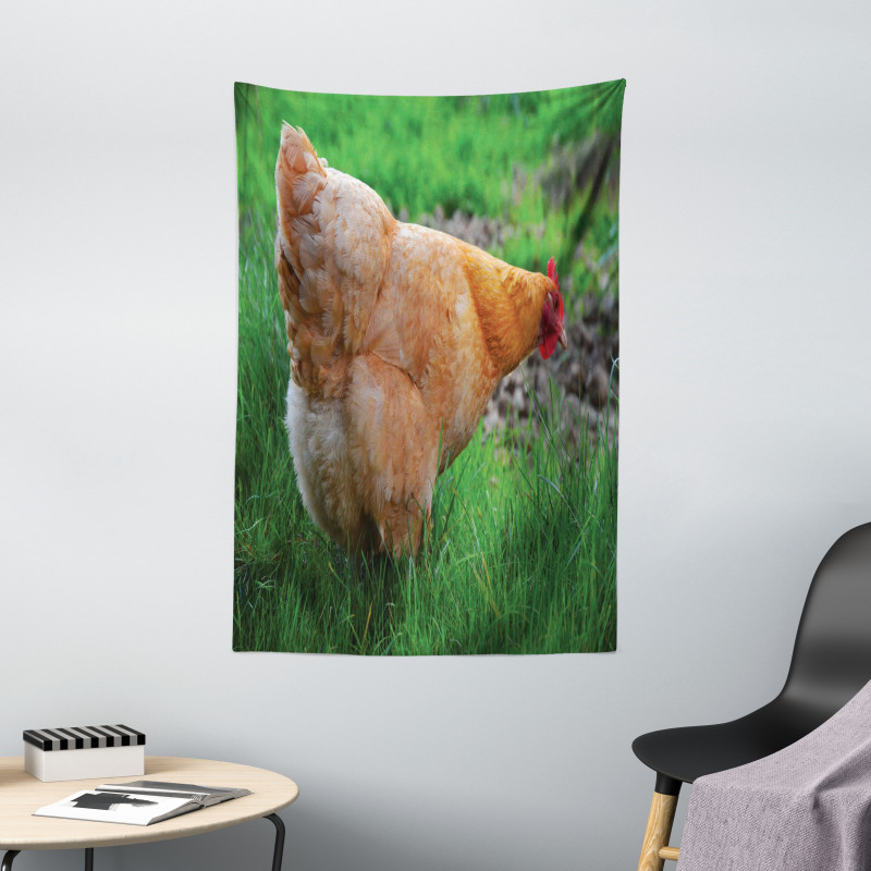 Chicken on Grass Farm Photo Tapestry