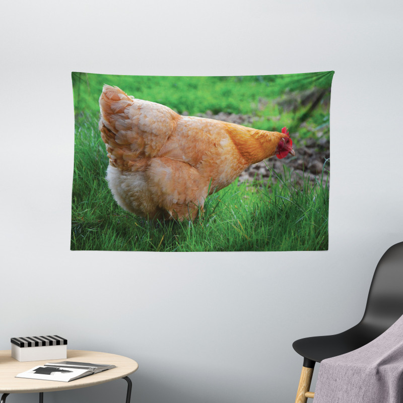 Chicken on Grass Farm Photo Wide Tapestry