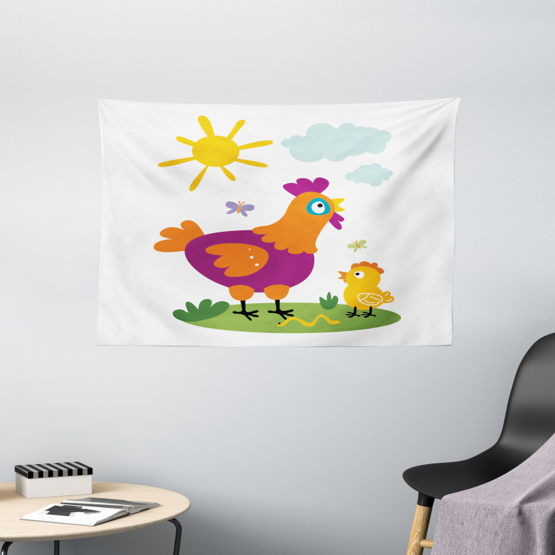 Chicken Baby Cartoon Wide Tapestry