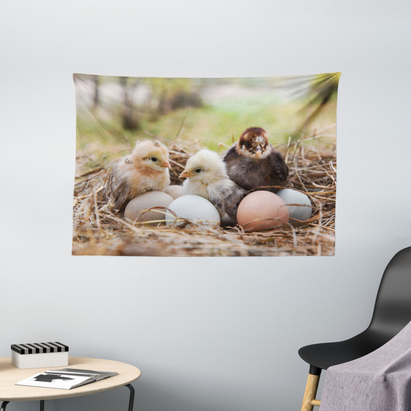 Little Chickens in Hay Eggs Wide Tapestry