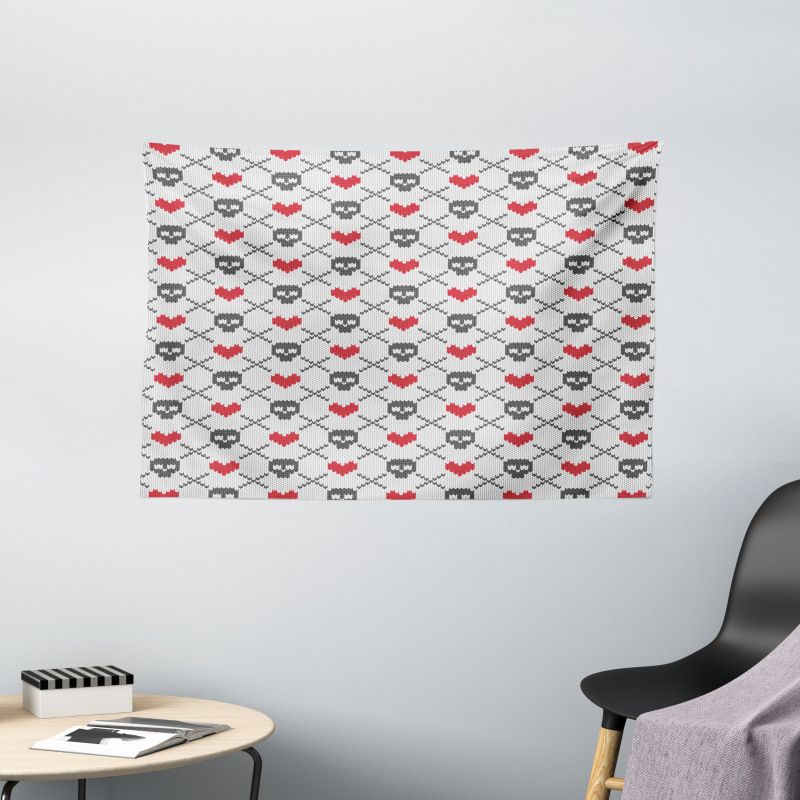 Skulls Red Hearts Wide Tapestry