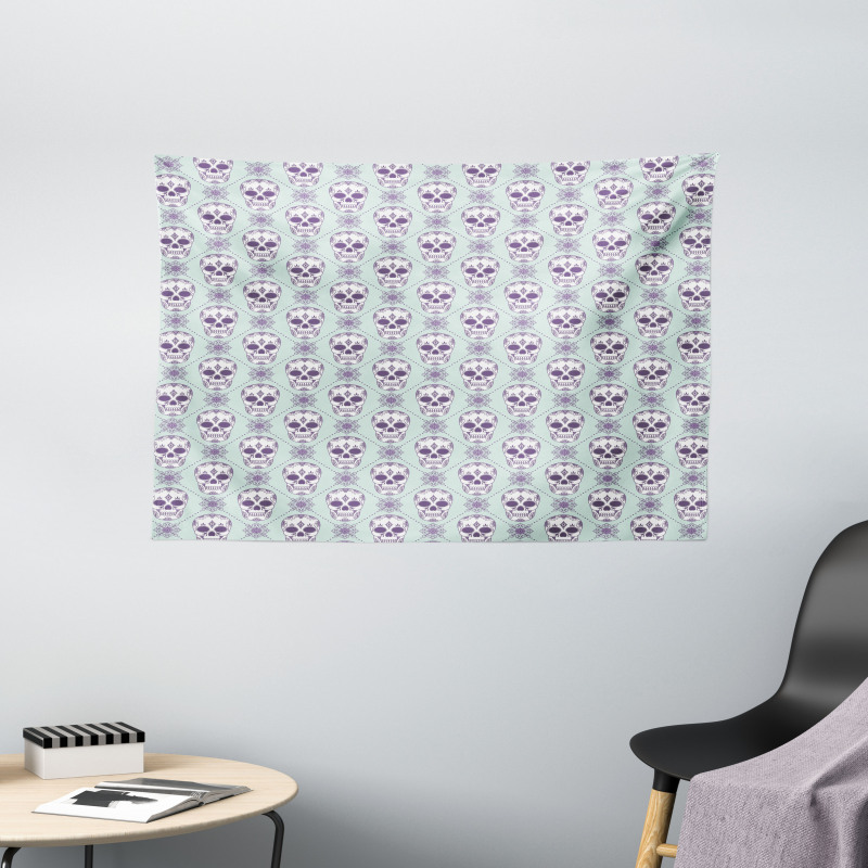 Floral Damask Skulls Wide Tapestry