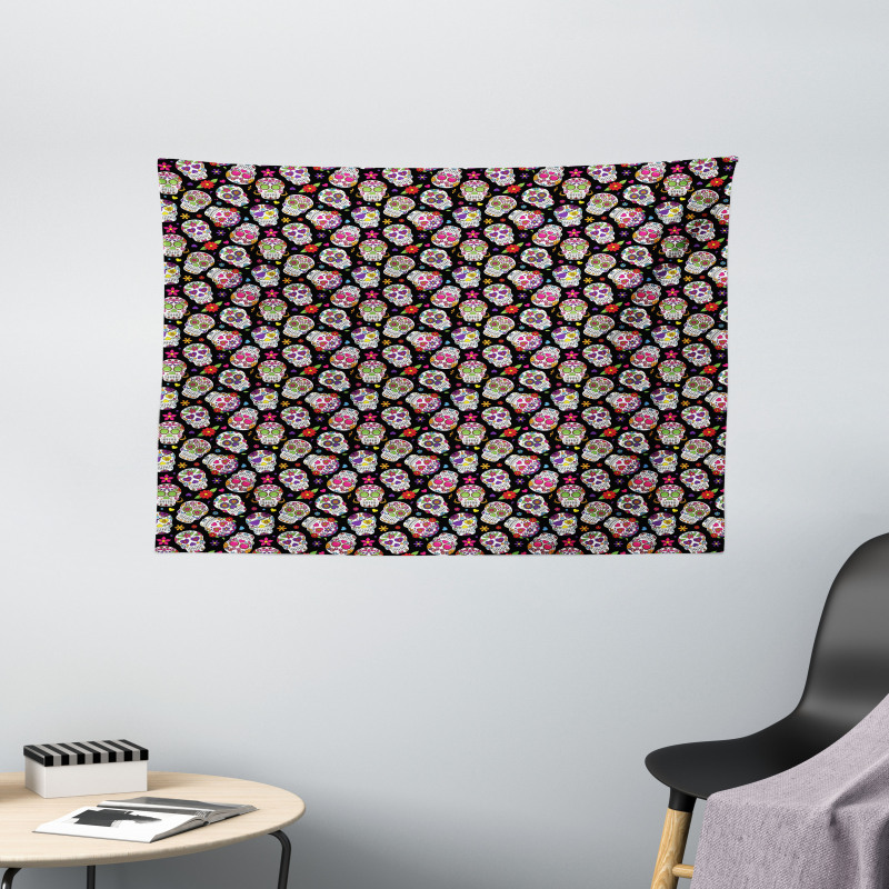 Sugar Skulls Flowers Wide Tapestry