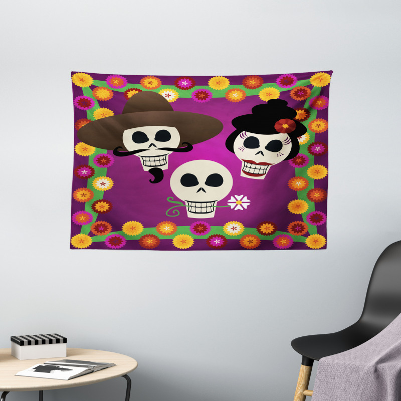 Folk Sugar Skulls Wide Tapestry