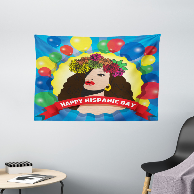 Pop Art Girl and Balloons Wide Tapestry