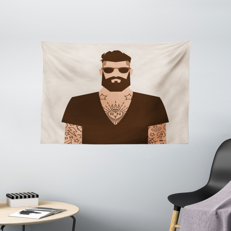 Tattooed Hipster Cartoon Wide Tapestry