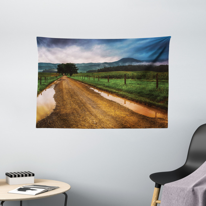 Puddles on Dirt Road Wide Tapestry