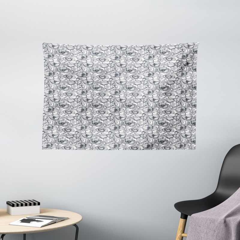 Monochrome Poppy Sketch Art Wide Tapestry