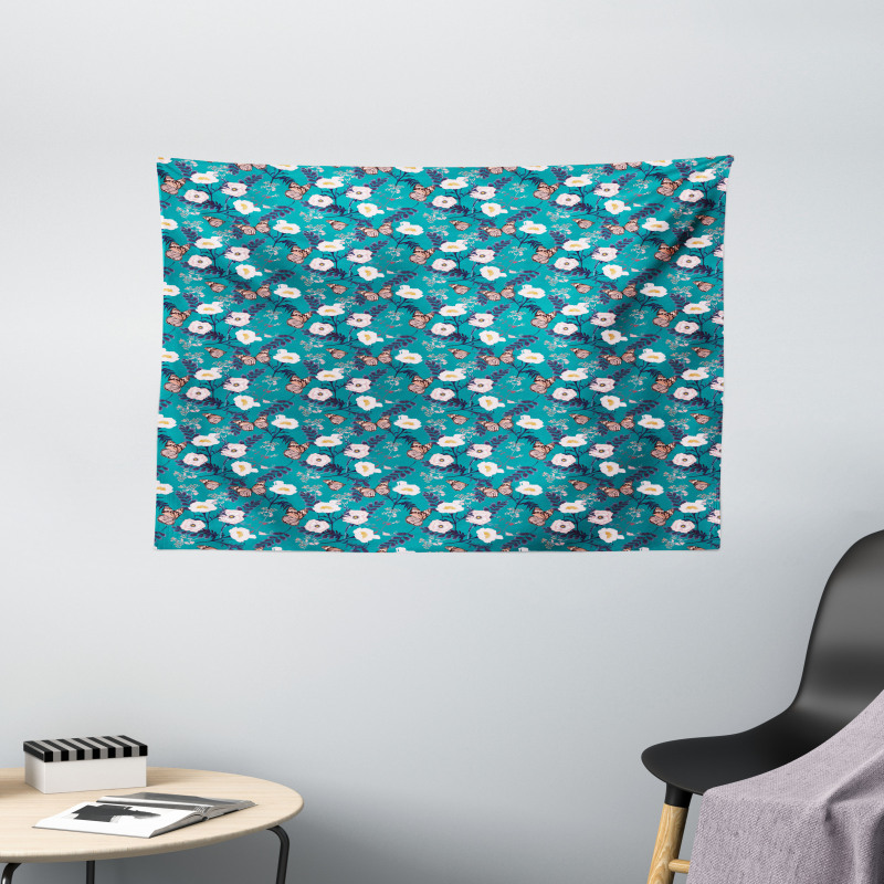 Floral and Butterflies Art Wide Tapestry
