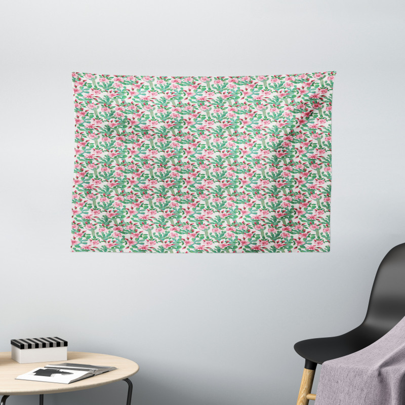 Rosebuds with Cactus Art Wide Tapestry