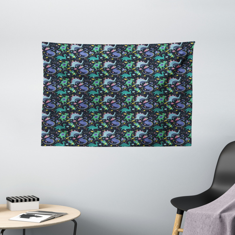 Space Themed Dinos Planets Wide Tapestry