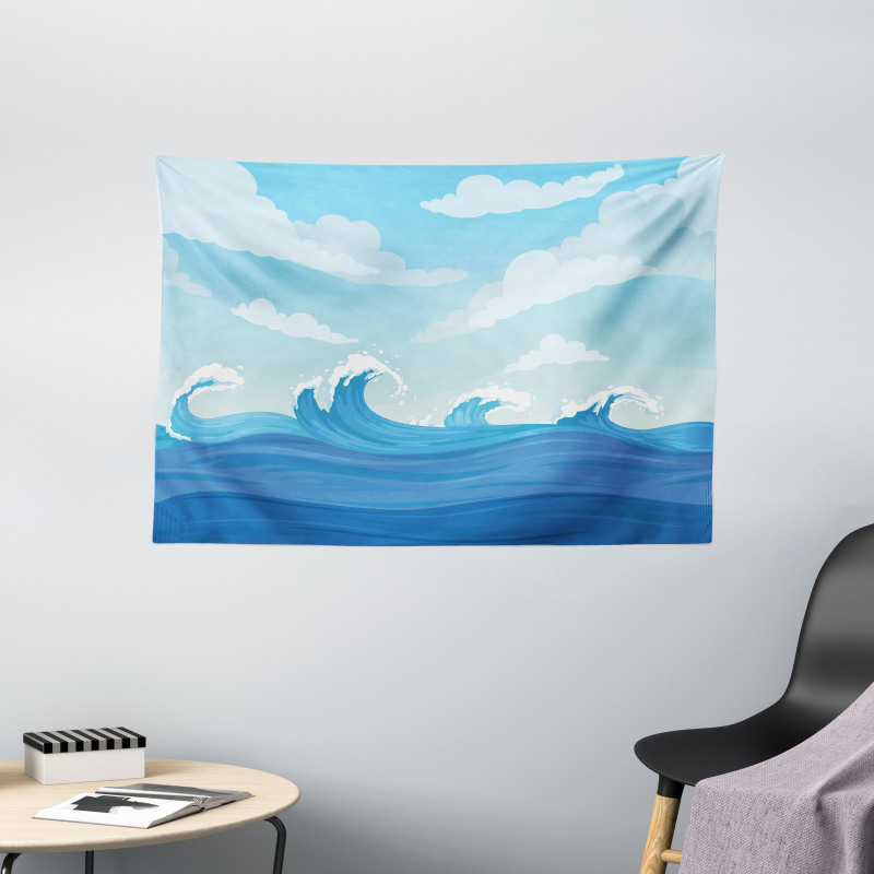 Blue Tones Ocean Illustration Wide Tapestry